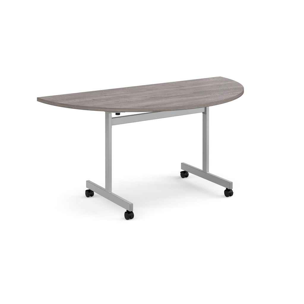 Picture of Semi circular fliptop meeting table with silver frame 1600mm x 800mm - grey oak
