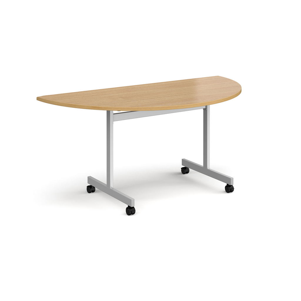 Picture of Semi circular fliptop meeting table with silver frame 1600mm x 800mm - oak