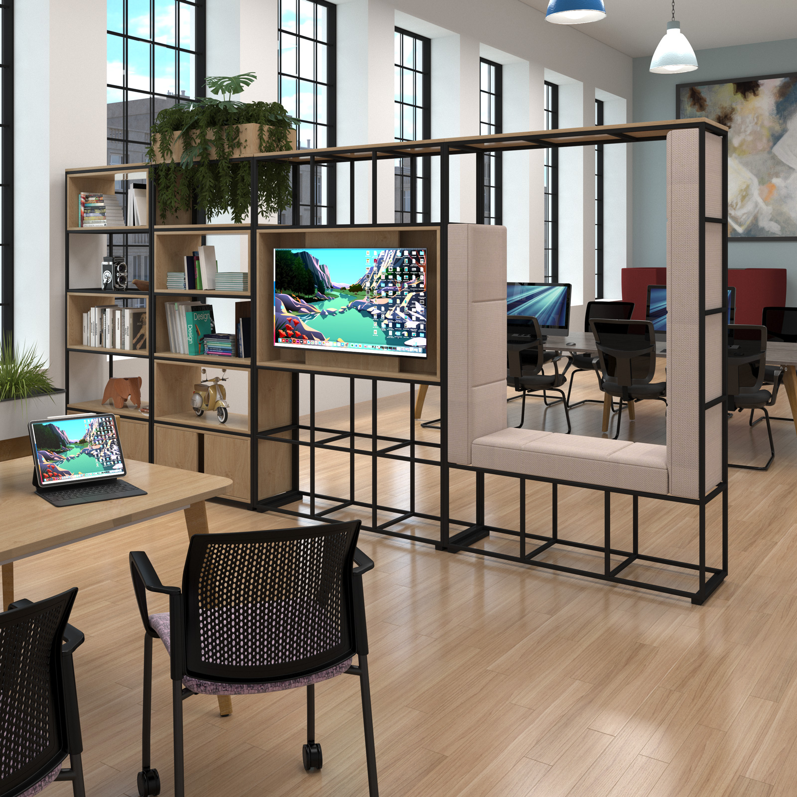 Picture of Flux modular storage triple frame with media unit in Kendal oak with TV bracket and whiteboard on reverse