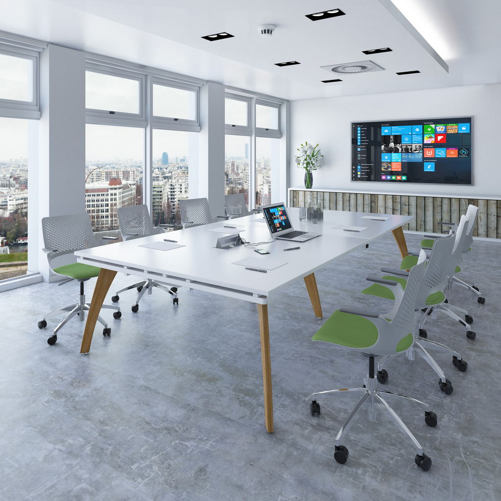 Picture of Fuze rectangular boardroom table 3200mm x 1600mm with 2 cutouts 272mm x 132mm - white frame, white top