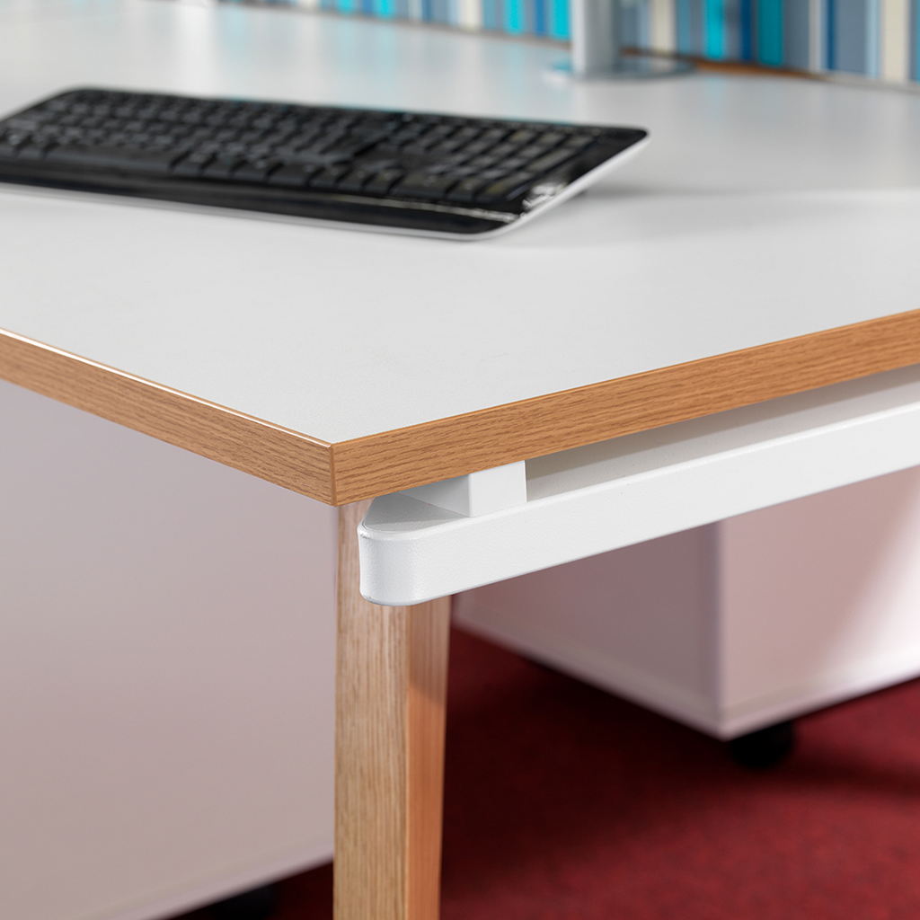 Picture of Fuze double back to back desks 2800mm x 1600mm with oak legs - white underframe, white top with oak edging