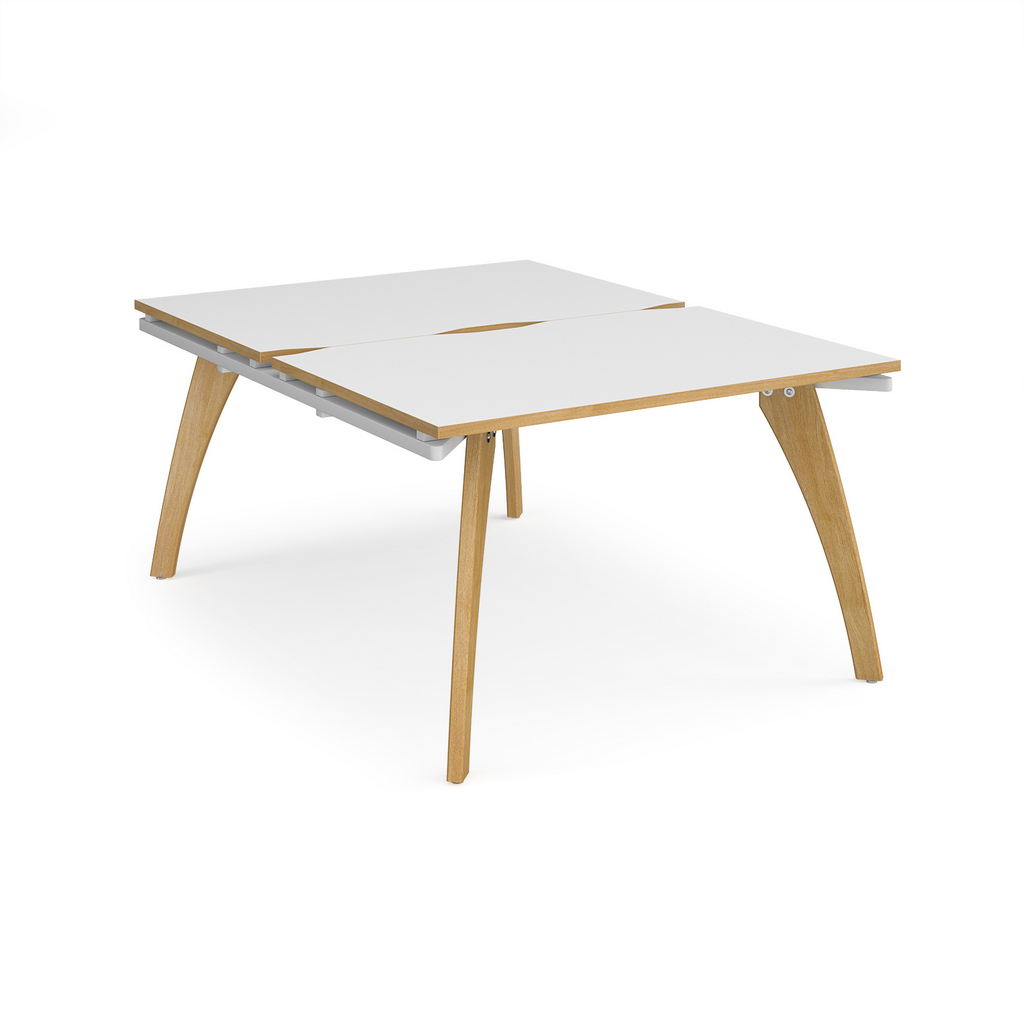 Picture of Fuze back to back desks 1200mm x 1600mm with oak legs - white underframe, white top with oak edging