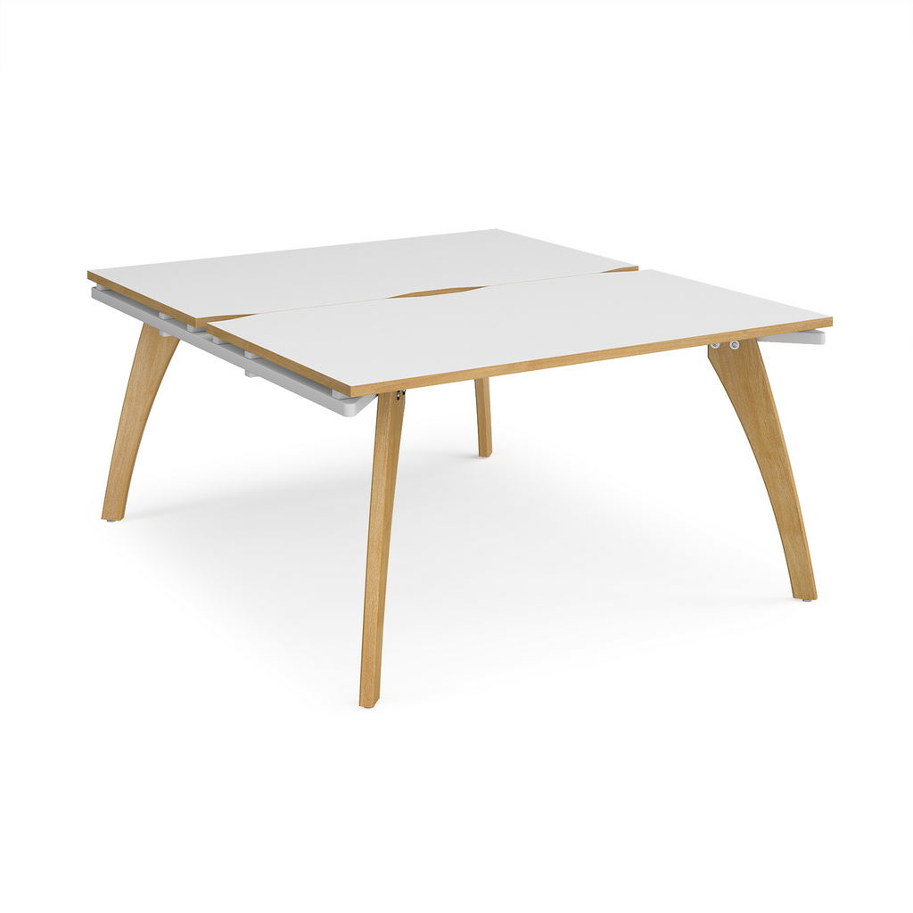 Picture of Fuze back to back desks 1400mm x 1600mm with oak legs - white underframe, white top with oak edging