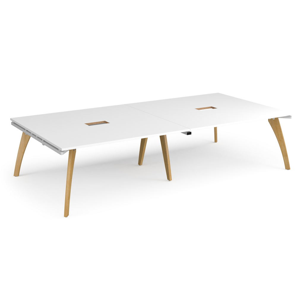 Picture of Fuze rectangular boardroom table 3200mm x 1600mm with 2 cutouts 272mm x 132mm with oak legs - white underframe, white top