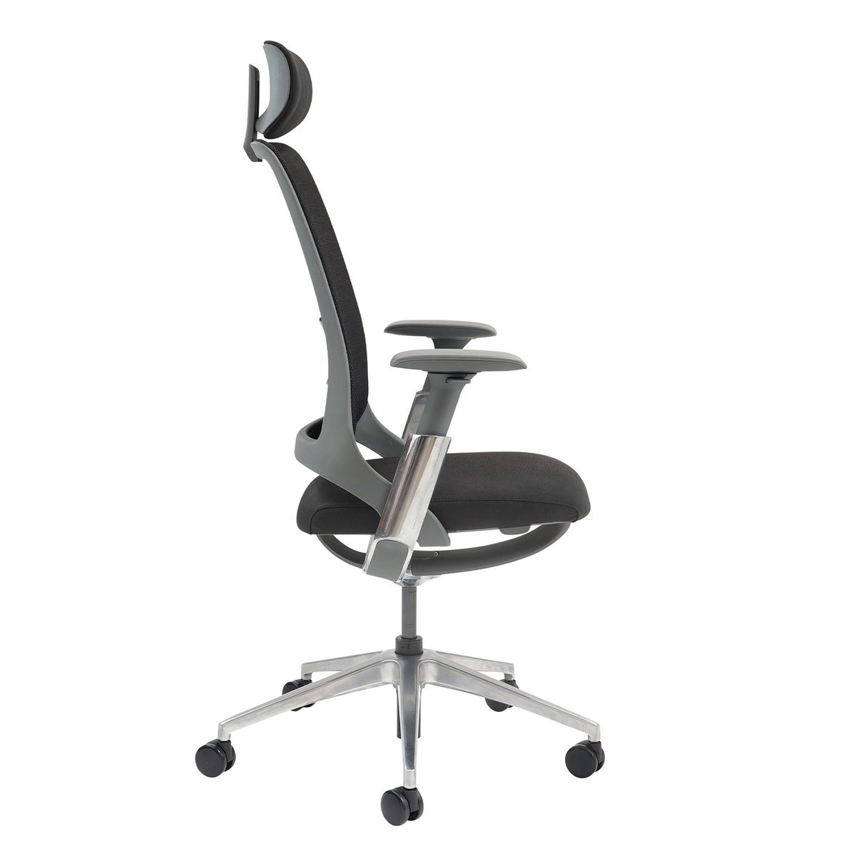 Picture of Holden mesh back operator chair with black fabric seat and headrest-Aluminium base and arms with black mesh back