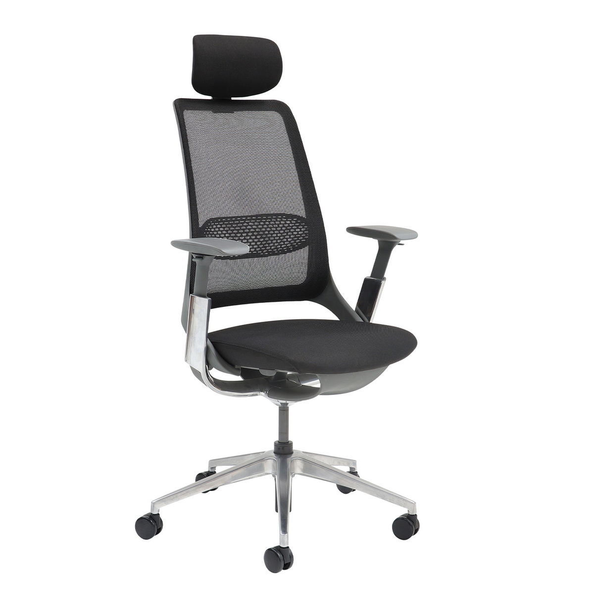 Picture of Holden mesh back operator chair with black fabric seat and headrest-Aluminium base and arms with black mesh back