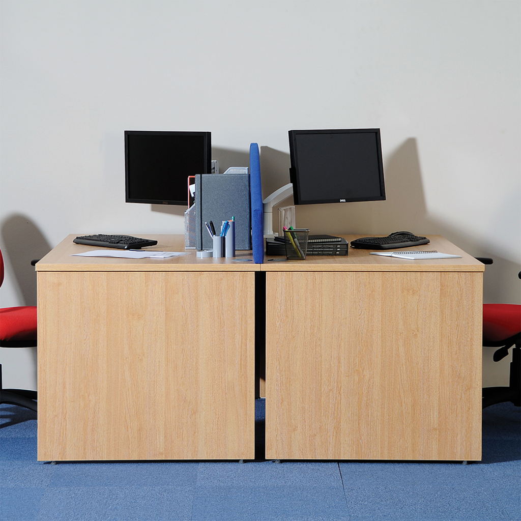 Picture of Maestro 25 left hand ergonomic desk 1600mm wide with 2 drawer pedestal - beech top with panel end leg
