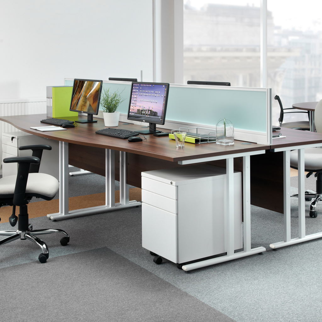 Picture of Maestro 25 left hand ergonomic desk 1600mm wide with 2 drawer pedestal - white cantilever leg frame, walnut top