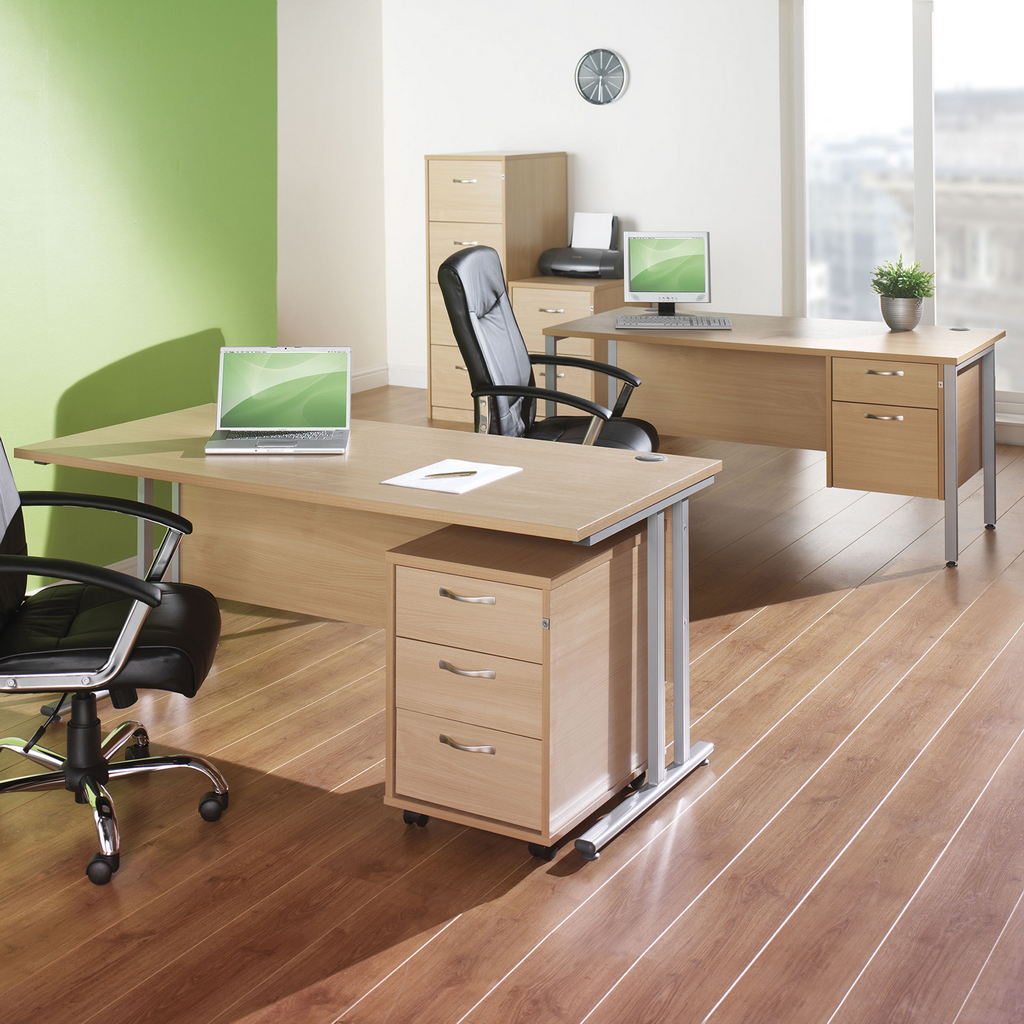 Picture of Maestro 25 straight desk 1600mm x 800mm with silver cantilever frame and 3 drawer pedestal - beech