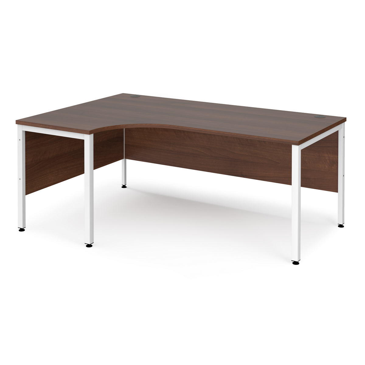 Picture of Maestro 25 left hand ergonomic desk 1800mm wide - white bench leg frame, walnut top