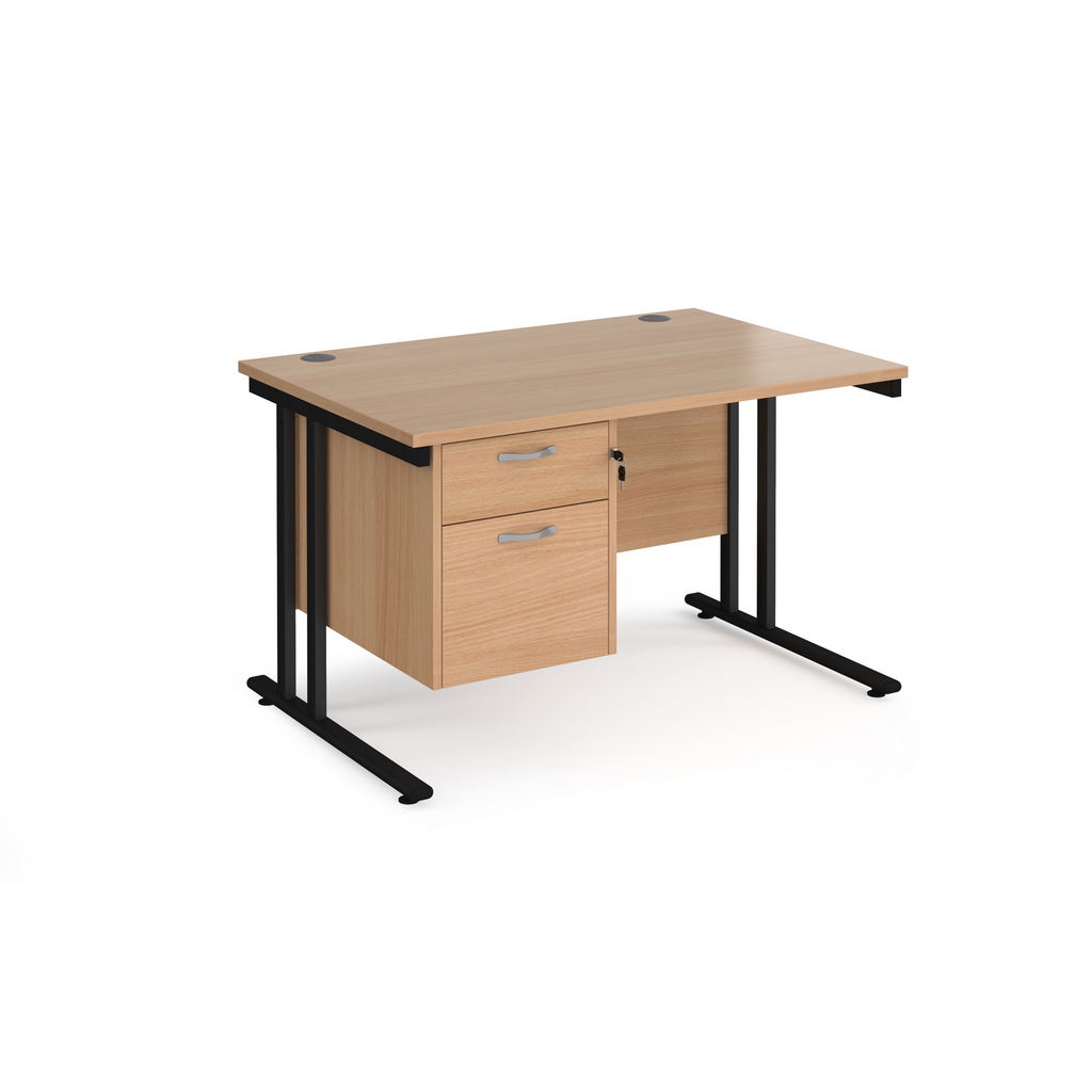 Picture of Maestro 25 straight desk 1200mm x 800mm with 2 drawer pedestal - black cantilever leg frame, beech top