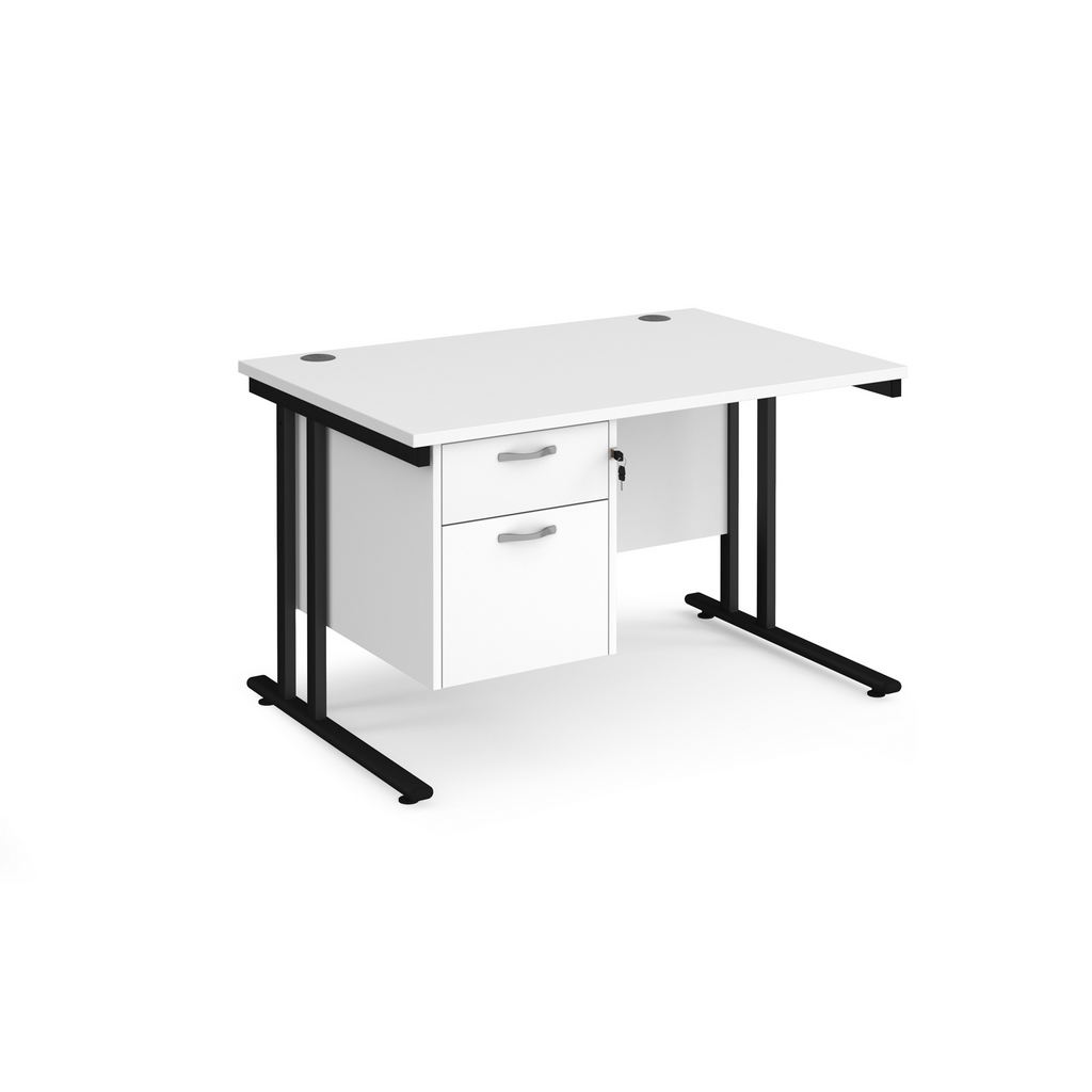 Picture of Maestro 25 straight desk 1200mm x 800mm with 2 drawer pedestal - black cantilever leg frame, white top