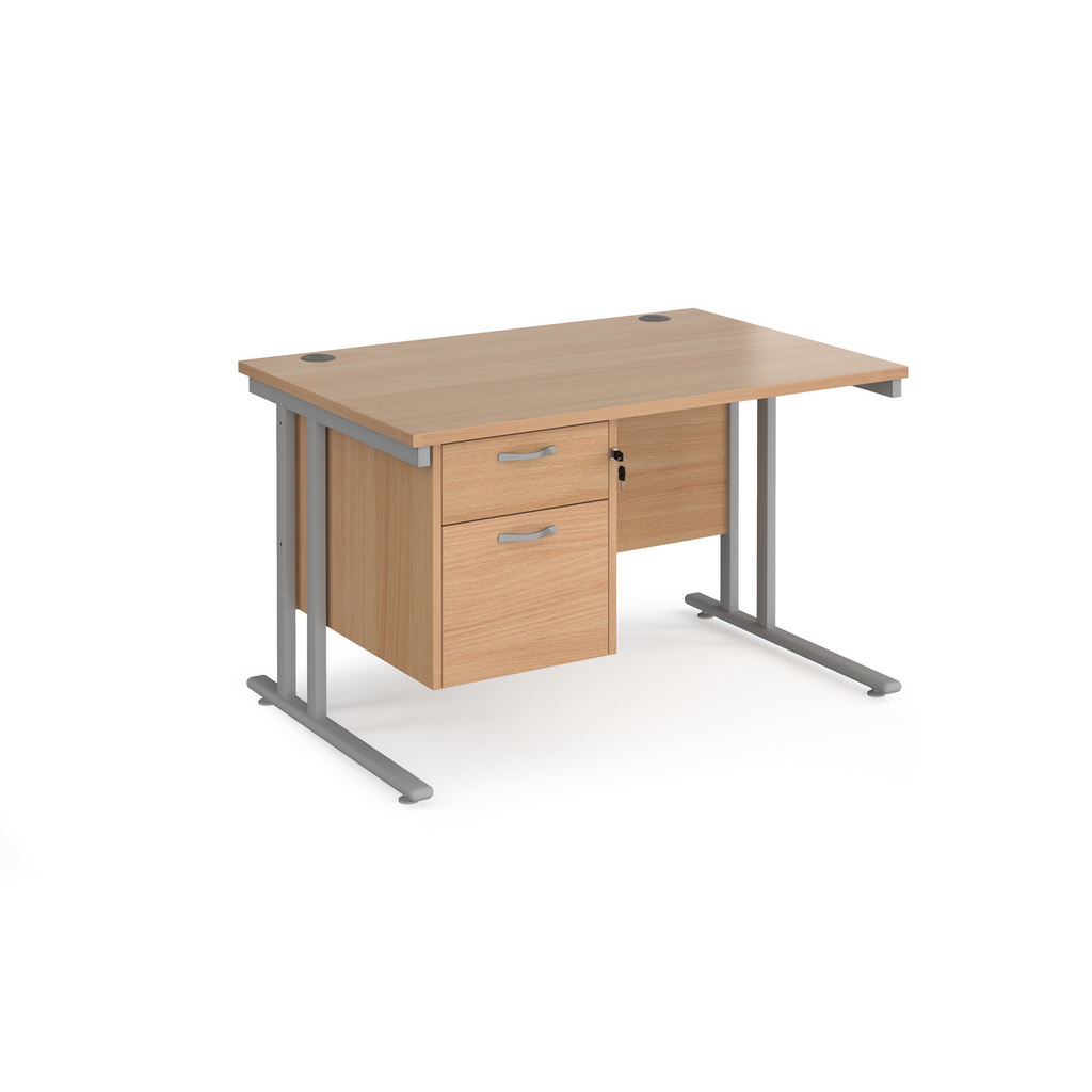 Picture of Maestro 25 straight desk 1200mm x 800mm with 2 drawer pedestal - silver cantilever leg frame, beech top