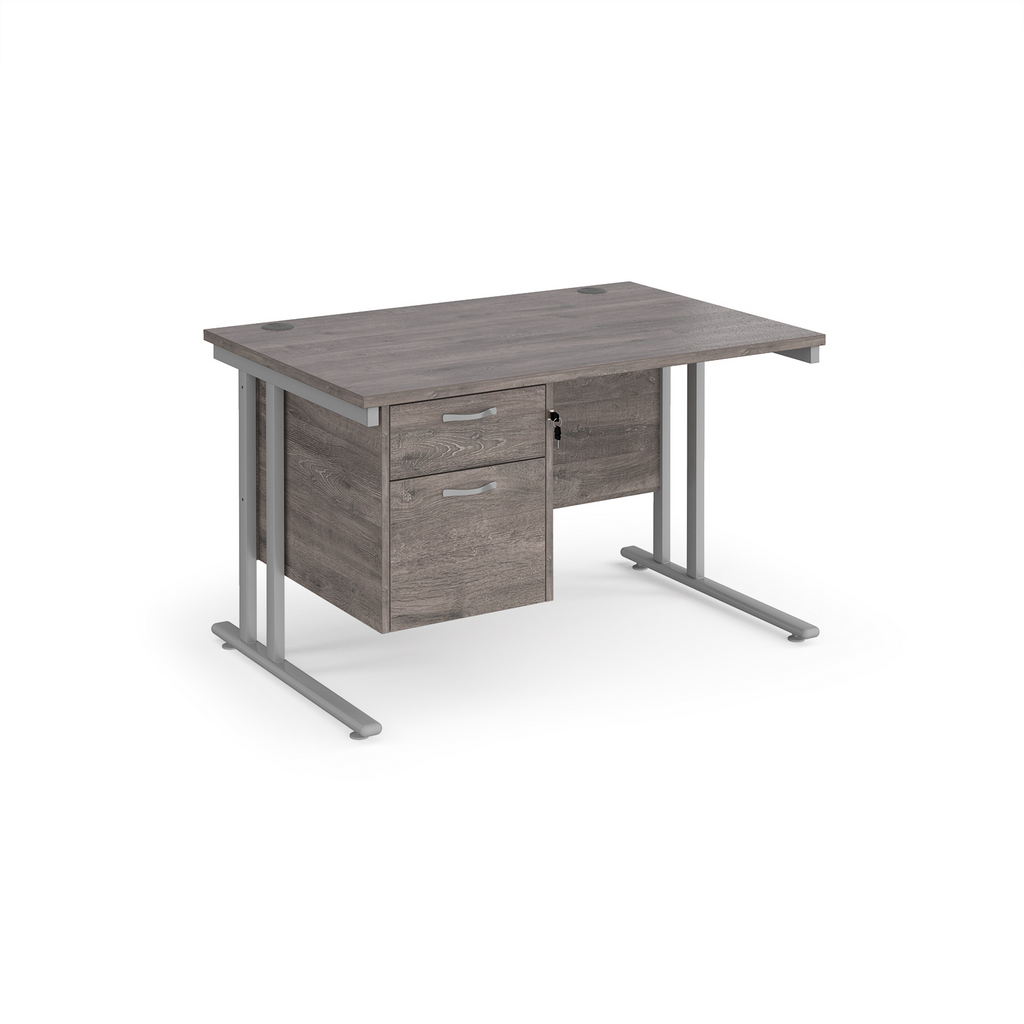 Picture of Maestro 25 straight desk 1200mm x 800mm with 2 drawer pedestal - silver cantilever leg frame, grey oak top