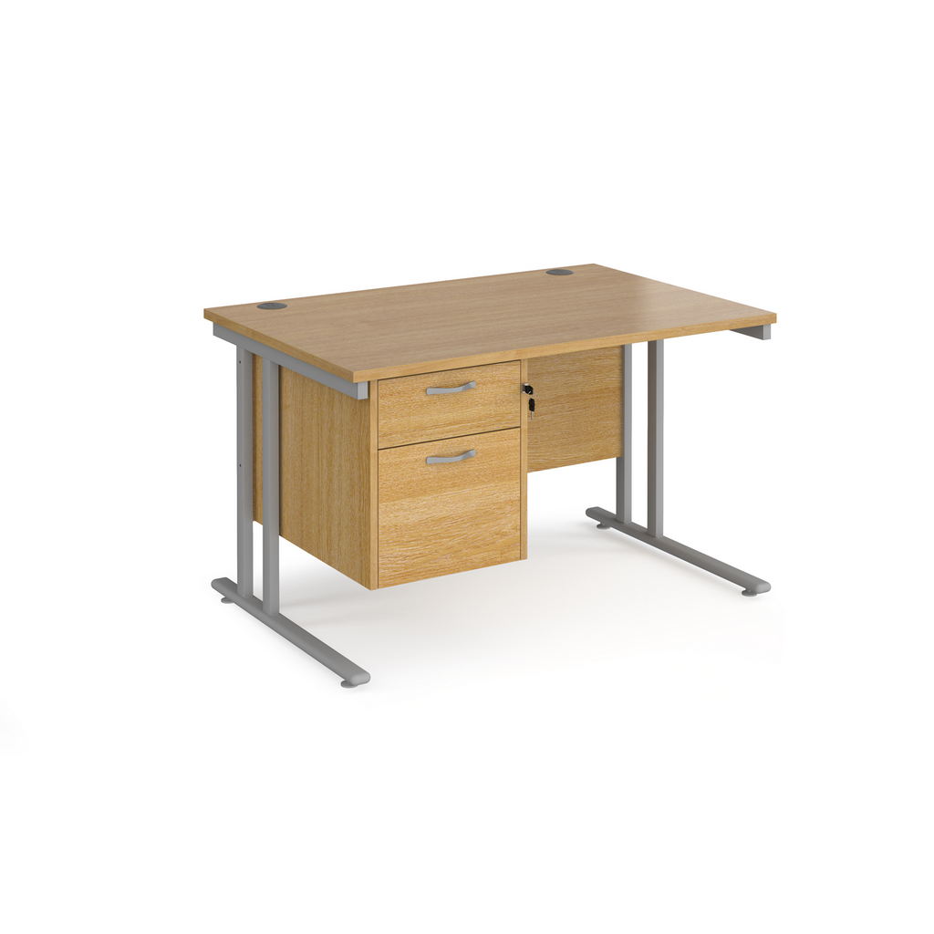 Picture of Maestro 25 straight desk 1200mm x 800mm with 2 drawer pedestal - silver cantilever leg frame, oak top