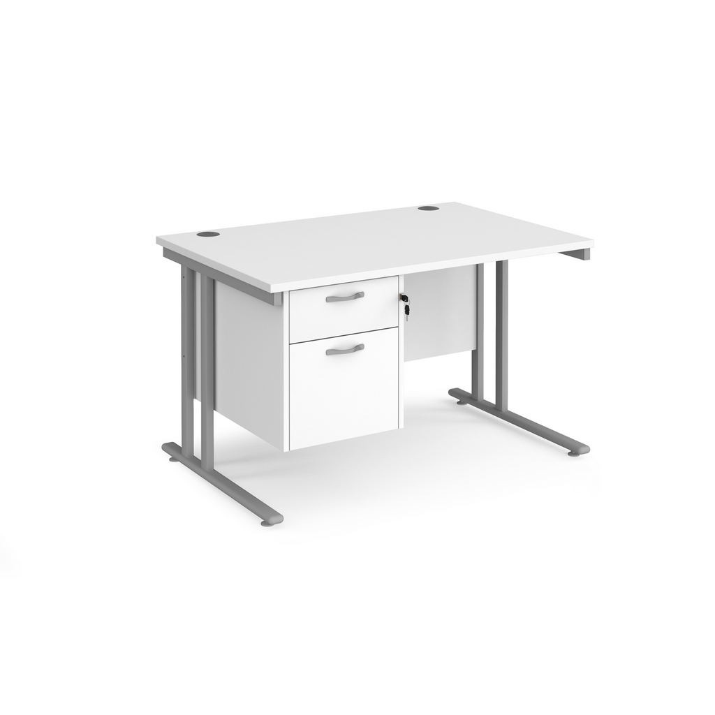 Picture of Maestro 25 straight desk 1200mm x 800mm with 2 drawer pedestal - silver cantilever leg frame, white top