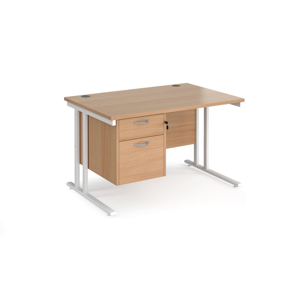 Picture of Maestro 25 straight desk 1200mm x 800mm with 2 drawer pedestal - white cantilever leg frame, beech top