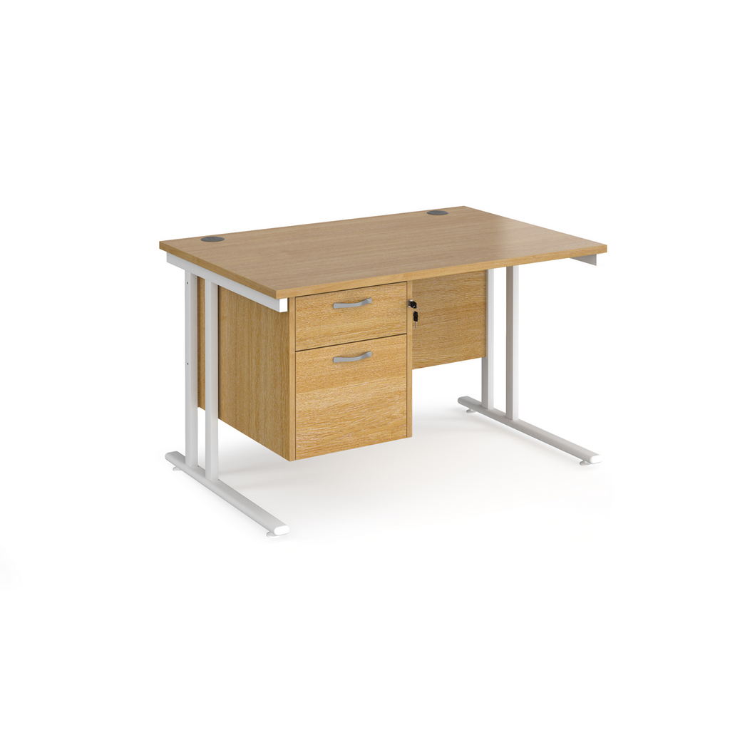 Picture of Maestro 25 straight desk 1200mm x 800mm with 2 drawer pedestal - white cantilever leg frame, oak top