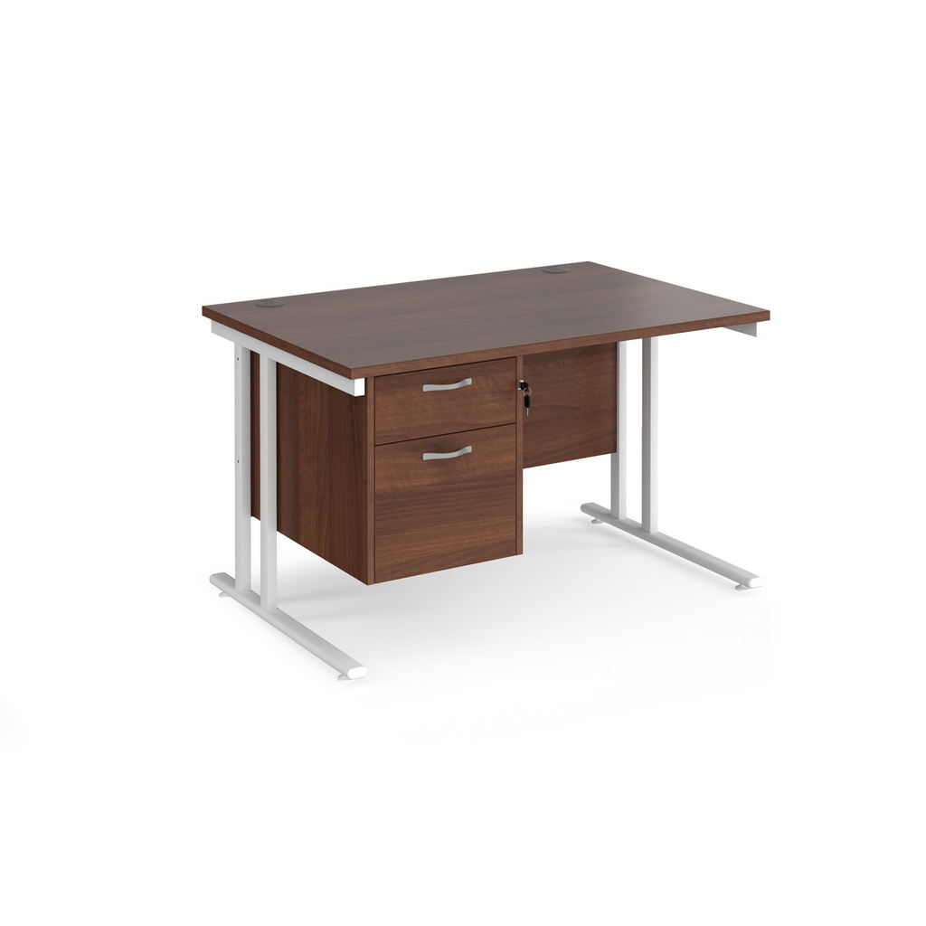 Picture of Maestro 25 straight desk 1200mm x 800mm with 2 drawer pedestal - white cantilever leg frame, walnut top