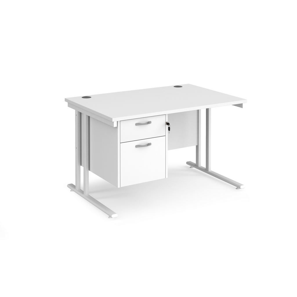 Picture of Maestro 25 straight desk 1200mm x 800mm with 2 drawer pedestal - white cantilever leg frame, white top