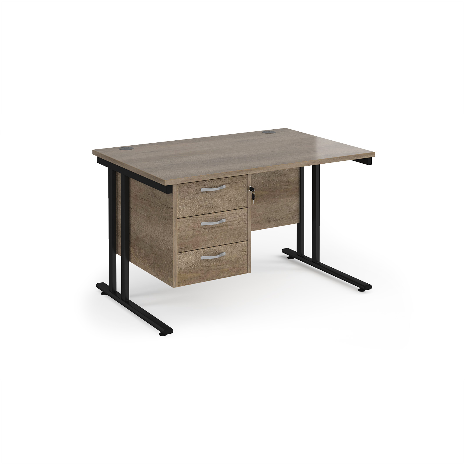 Picture of Maestro 25 straight desk 1200mm x 800mm with 3 drawer pedestal - black cantilever leg frame, Nebraska Oak Top