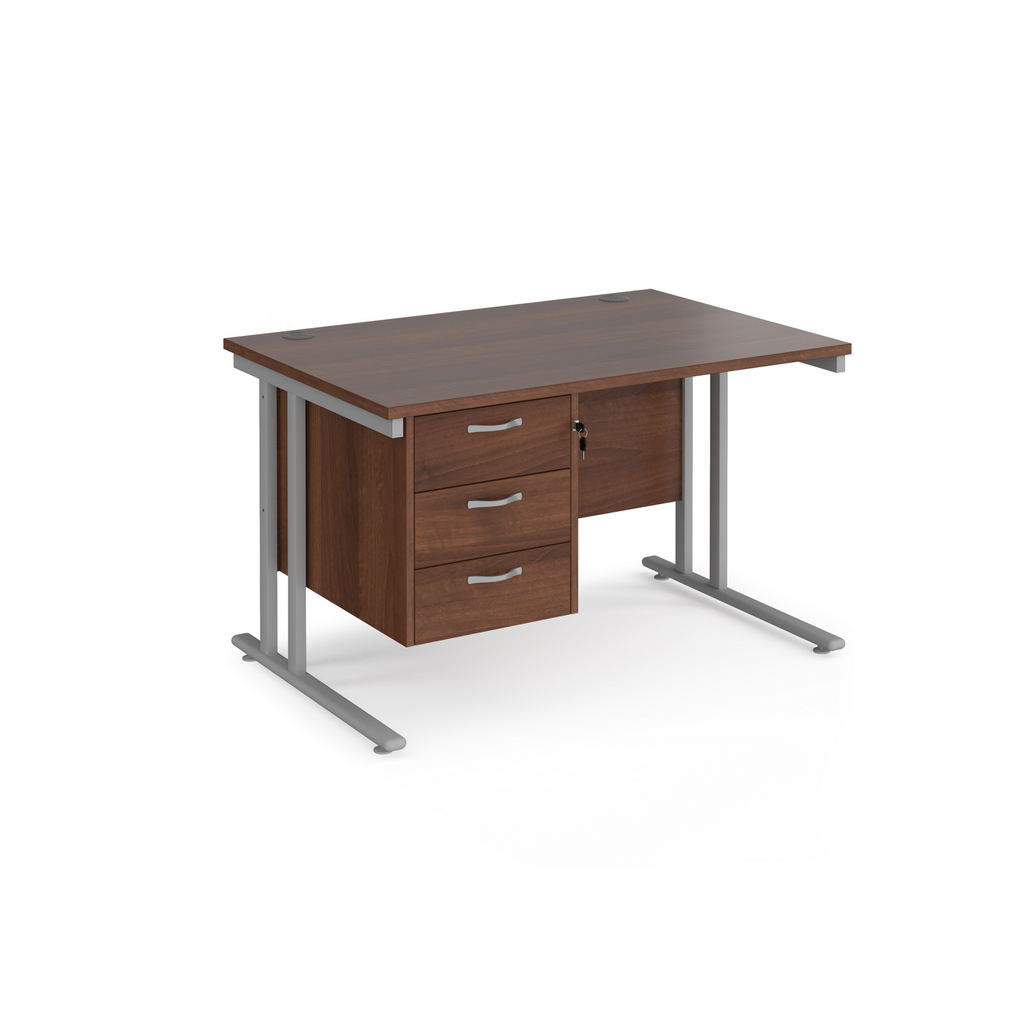 Picture of Maestro 25 straight desk 1200mm x 800mm with 3 drawer pedestal - silver cantilever leg frame, walnut top