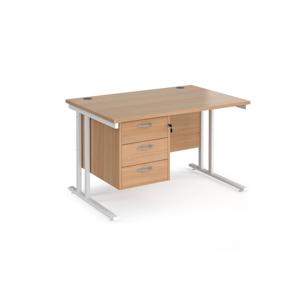 Picture of Maestro 25 straight desk 1200mm x 800mm with 3 drawer pedestal - white cantilever leg frame, beech top