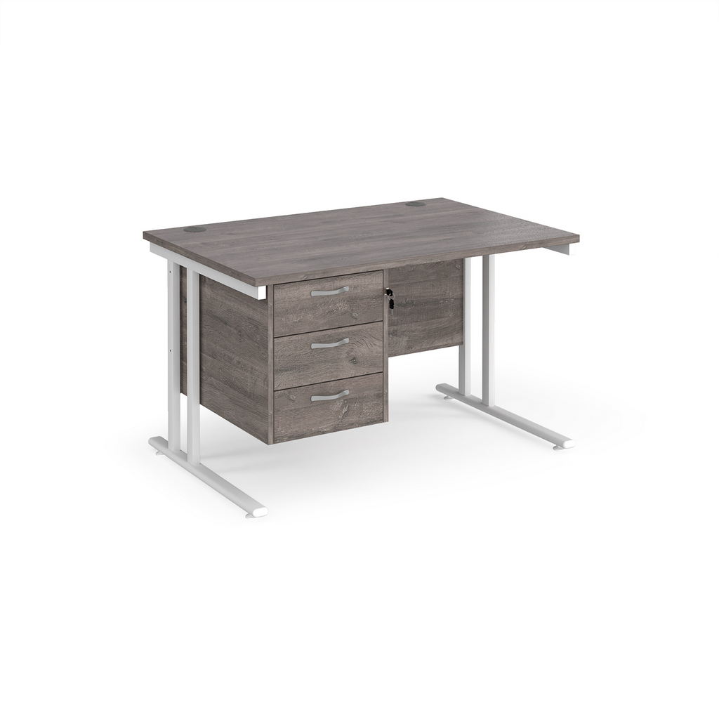 Picture of Maestro 25 straight desk 1200mm x 800mm with 3 drawer pedestal - white cantilever leg frame, grey oak top