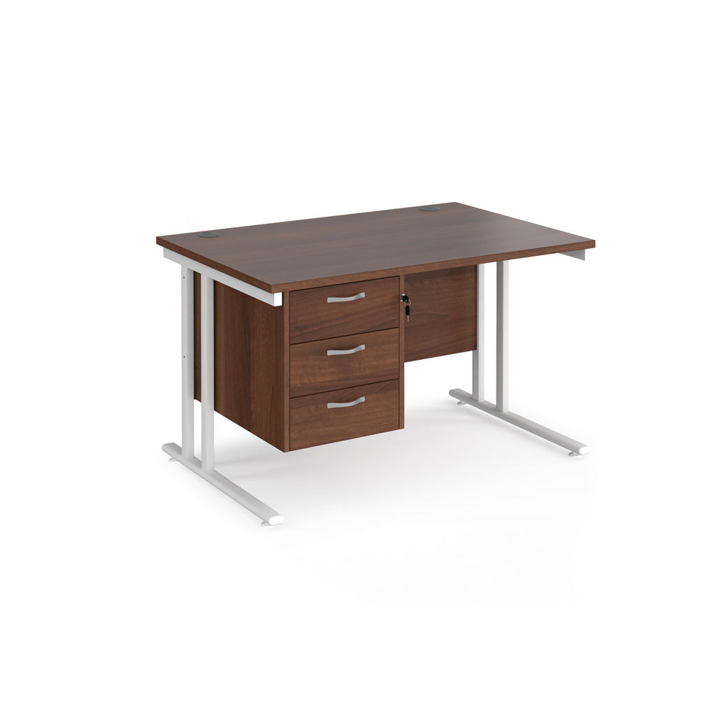 Picture of Maestro 25 straight desk 1200mm x 800mm with 3 drawer pedestal - white cantilever leg frame, walnut top