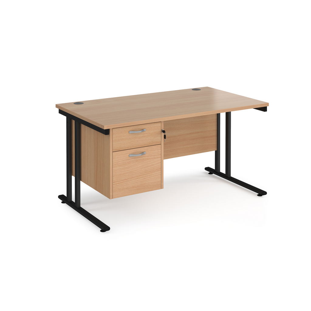 Picture of Maestro 25 straight desk 1400mm x 800mm with 2 drawer pedestal - black cantilever leg frame, beech top