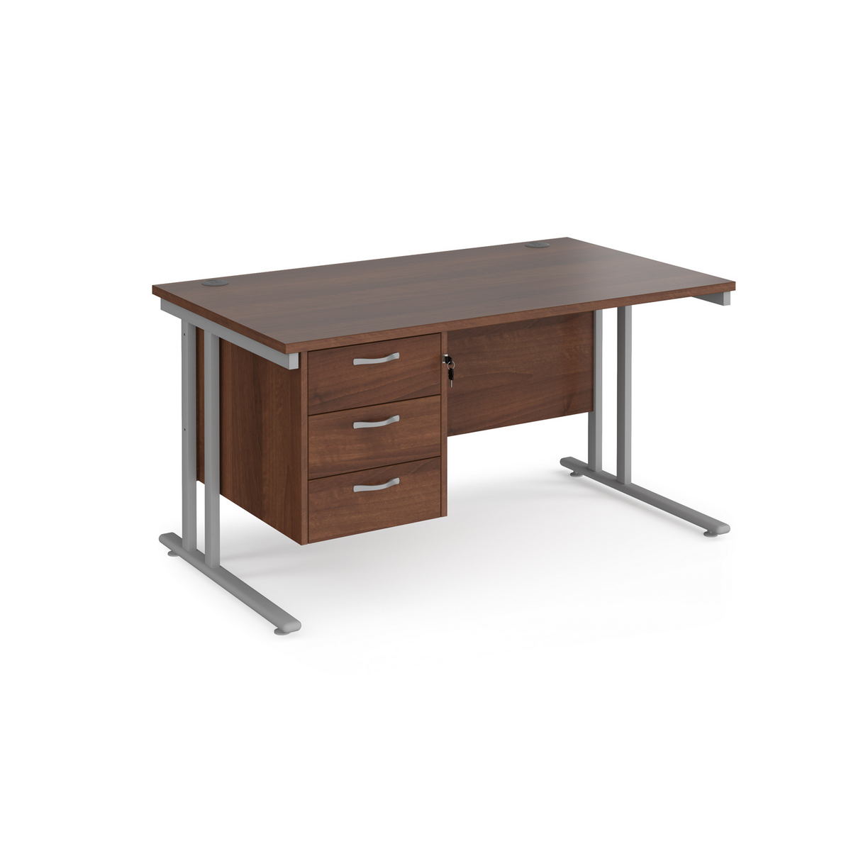 Picture of Maestro 25 straight desk 1400mm x 800mm with 3 drawer pedestal - silver cantilever leg frame, walnut top