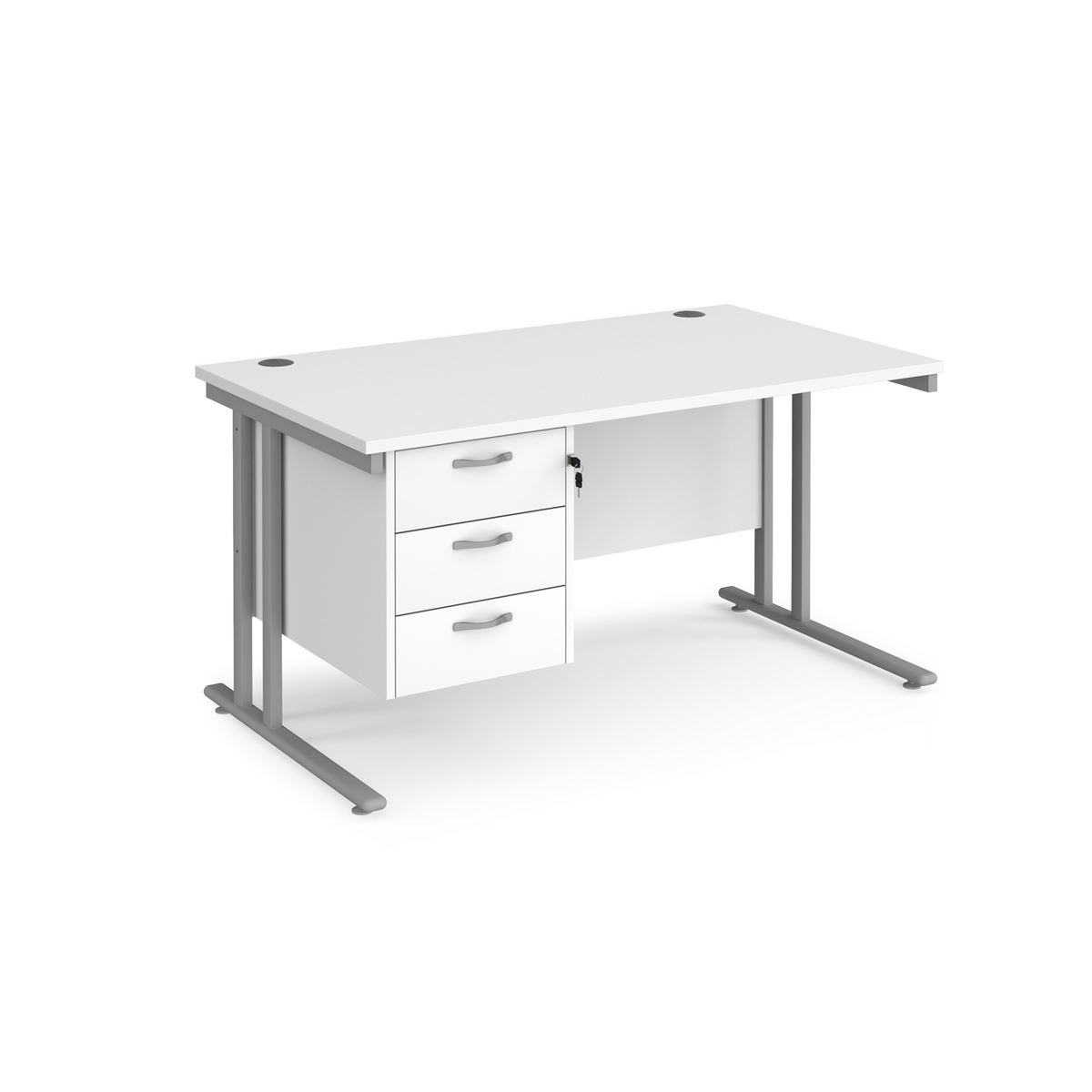Picture of Maestro 25 straight desk 1400mm x 800mm with 3 drawer pedestal - silver cantilever leg frame, white top