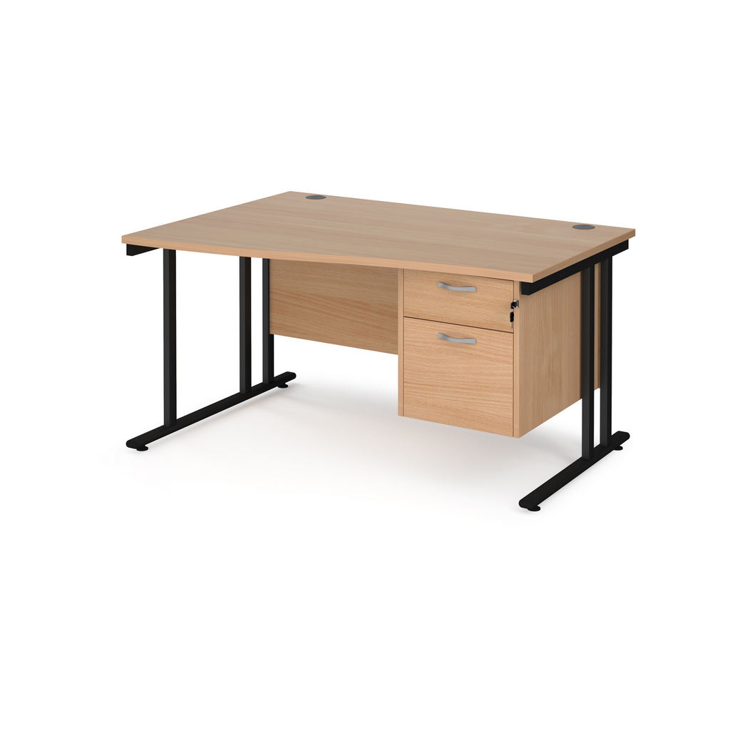 Picture of Maestro 25 left hand wave desk 1400mm wide with 2 drawer pedestal - black cantilever leg frame, beech top