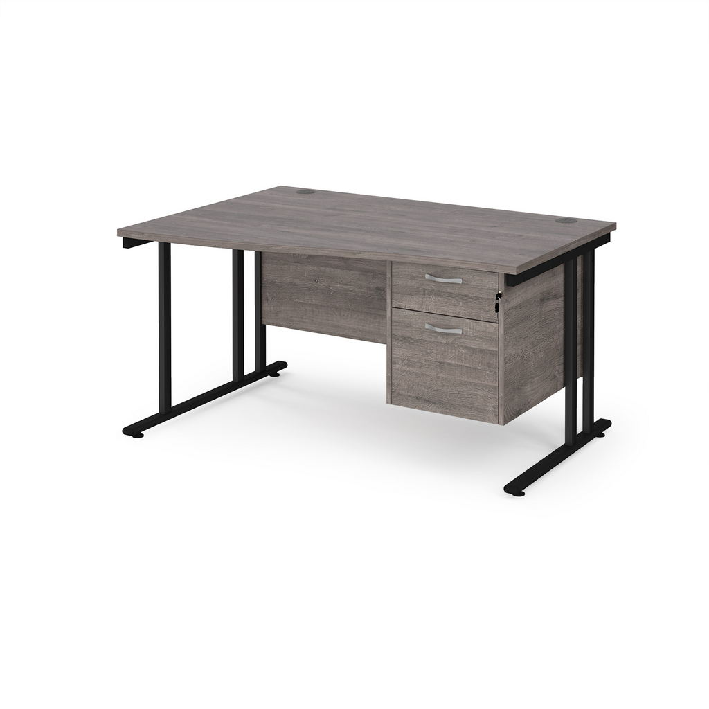 Picture of Maestro 25 left hand wave desk 1400mm wide with 2 drawer pedestal - black cantilever leg frame, grey oak top