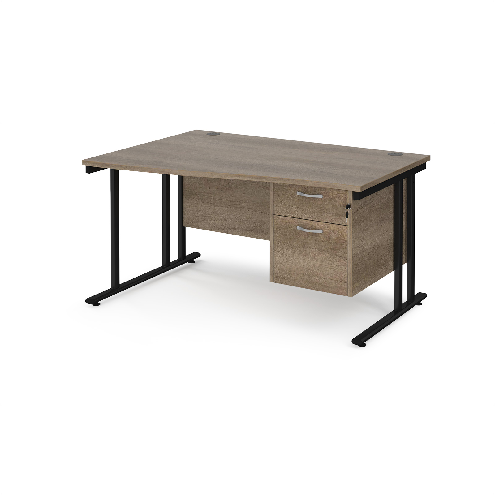 Picture of Maestro 25 left hand wave desk 1400mm wide with 2 drawer pedestal - black cantilever leg frame, Nebraska Oak Top