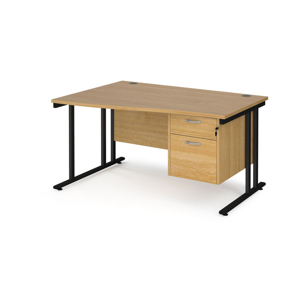 Picture of Maestro 25 left hand wave desk 1400mm wide with 2 drawer pedestal - black cantilever leg frame, oak top