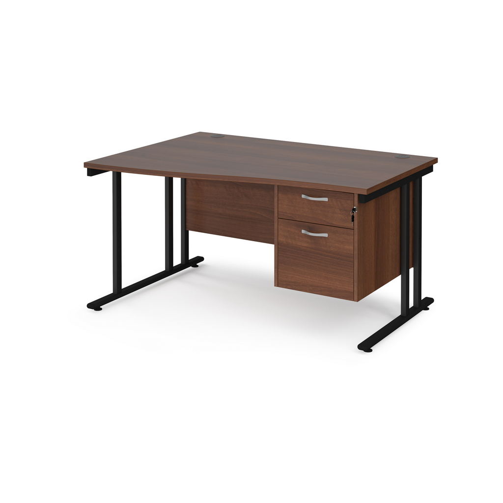 Picture of Maestro 25 left hand wave desk 1400mm wide with 2 drawer pedestal - black cantilever leg frame, walnut top