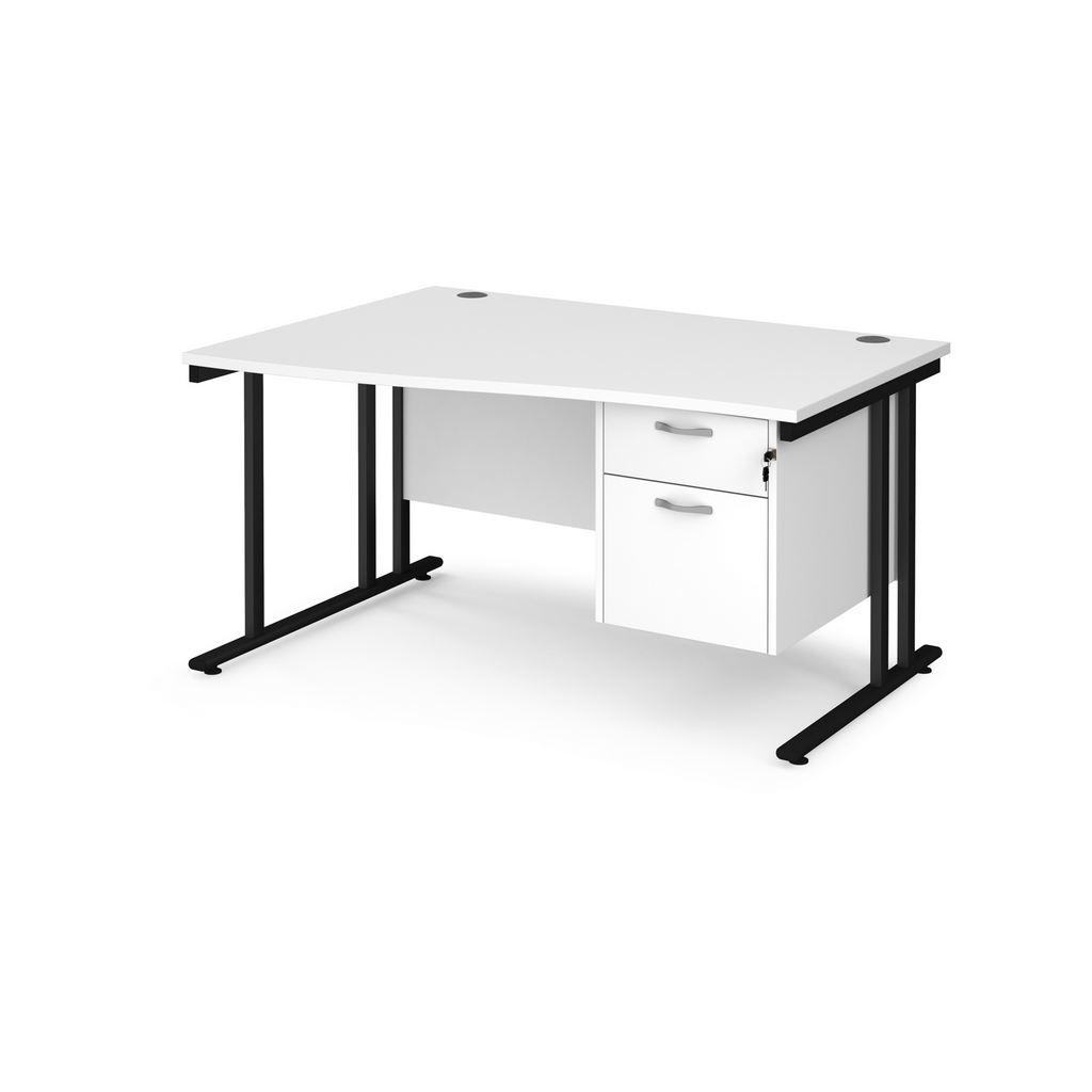 Picture of Maestro 25 left hand wave desk 1400mm wide with 2 drawer pedestal - black cantilever leg frame, white top