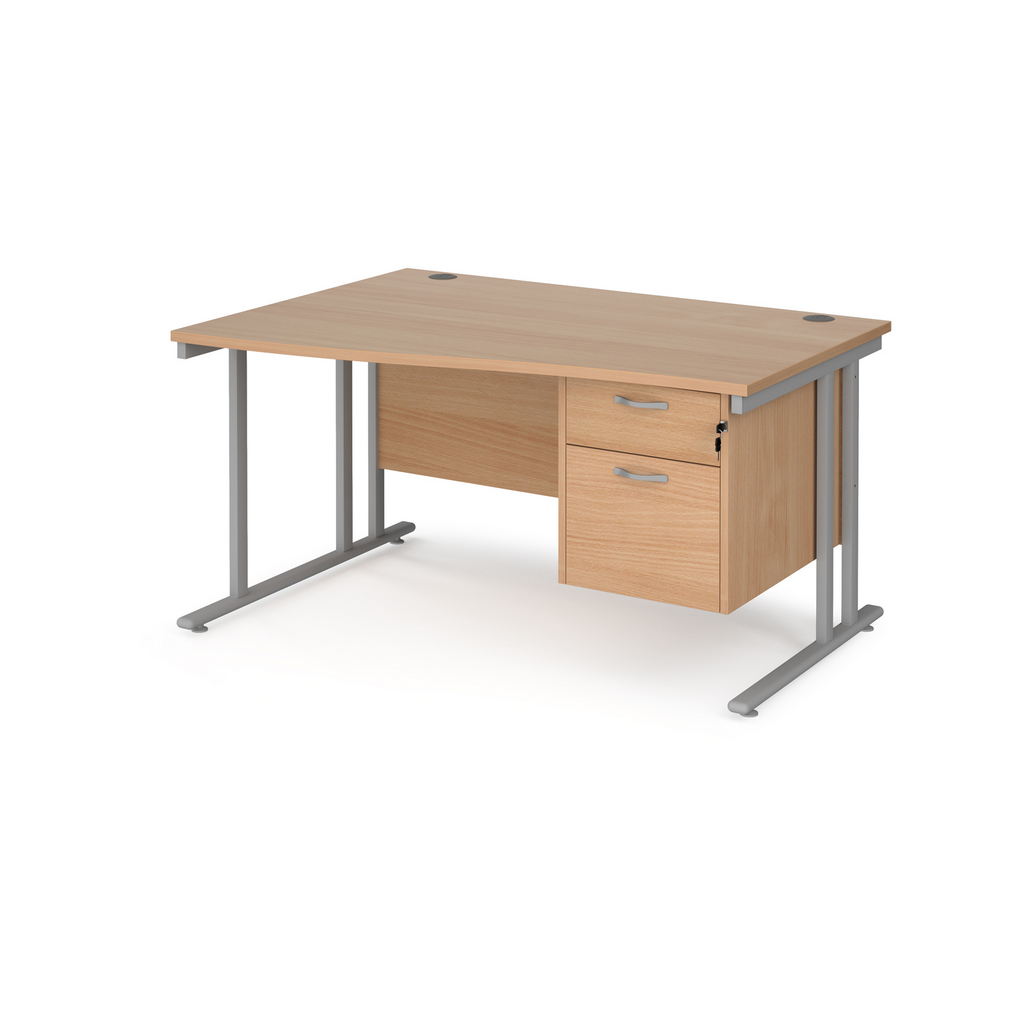 Picture of Maestro 25 left hand wave desk 1400mm wide with 2 drawer pedestal - silver cantilever leg frame, beech top