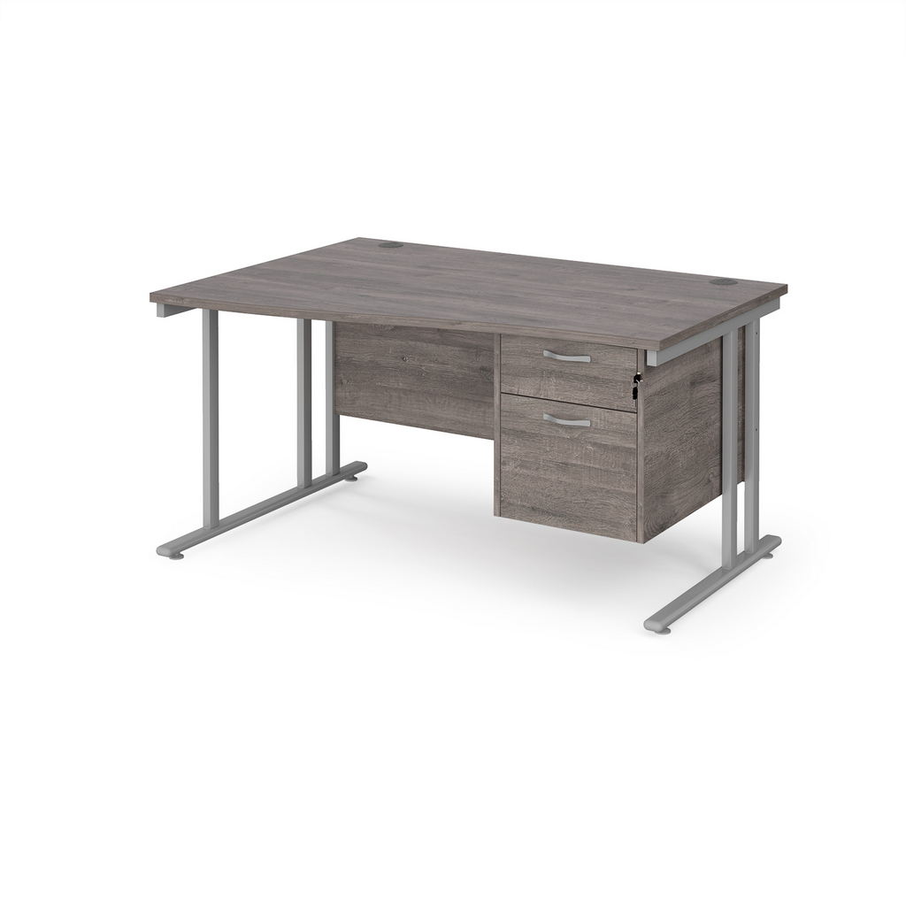 Picture of Maestro 25 left hand wave desk 1400mm wide with 2 drawer pedestal - silver cantilever leg frame, grey oak top