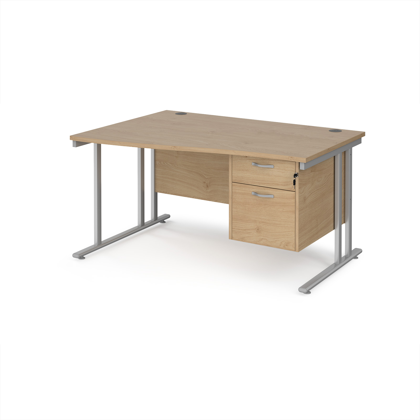 Picture of Maestro 25 left hand wave desk 1400mm wide with 2 drawer pedestal - silver cantilever leg frame, Kendal Oak Top