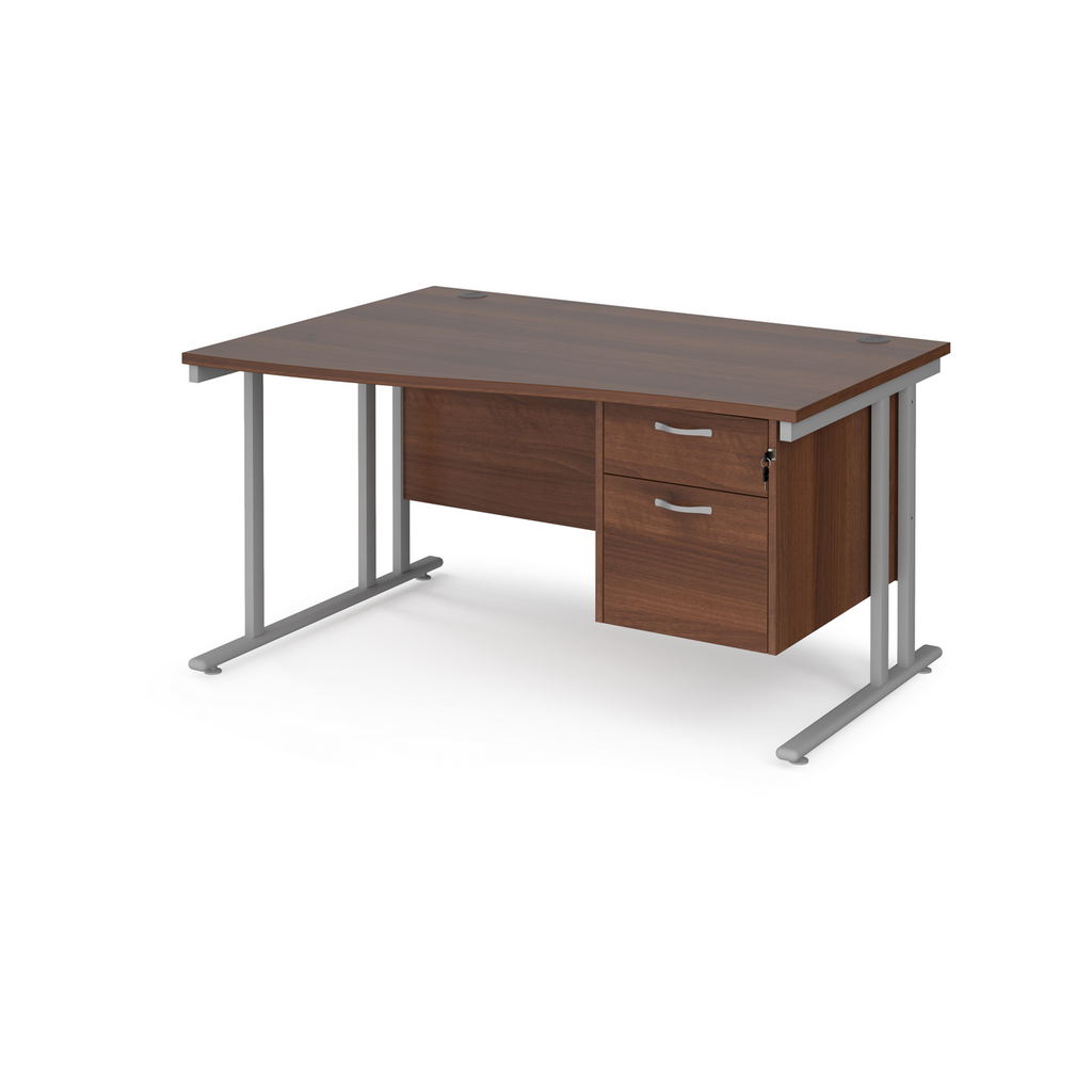 Picture of Maestro 25 left hand wave desk 1400mm wide with 2 drawer pedestal - silver cantilever leg frame, walnut top