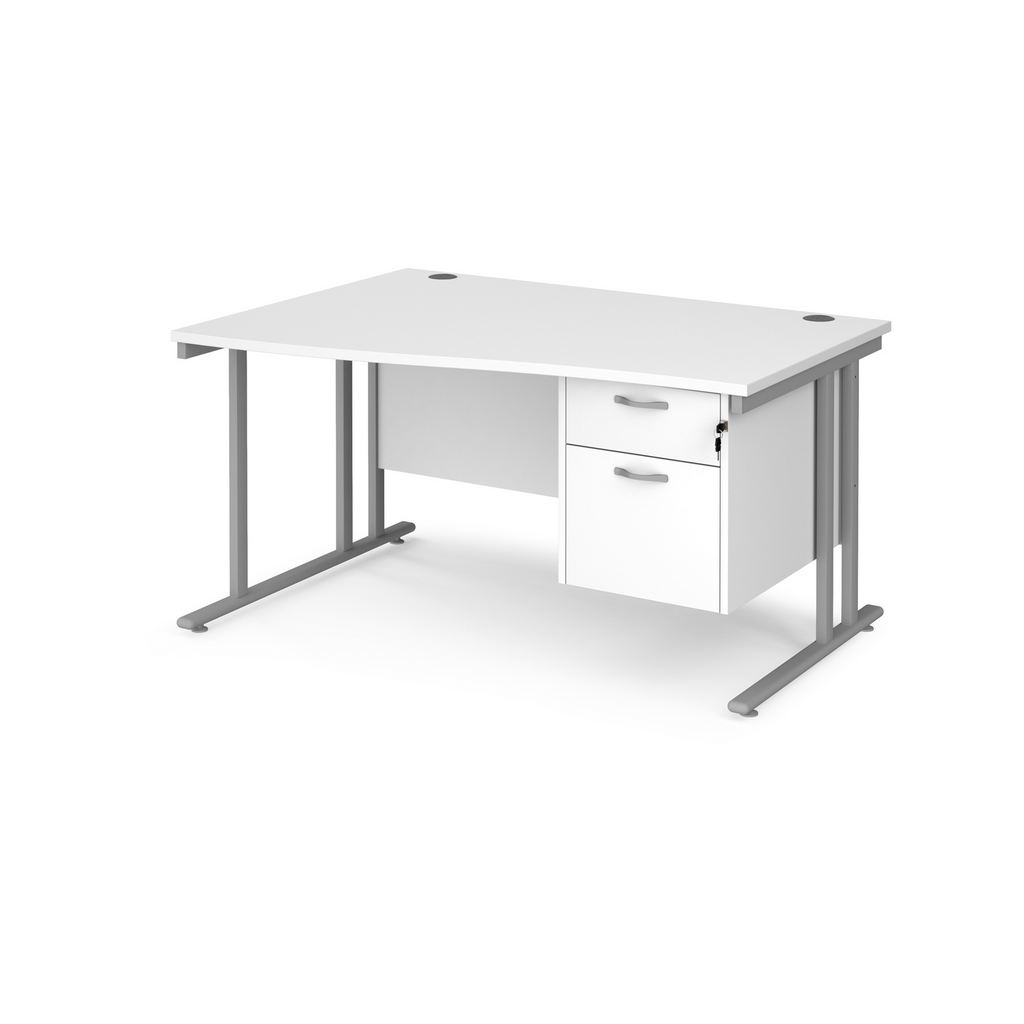 Picture of Maestro 25 left hand wave desk 1400mm wide with 2 drawer pedestal - silver cantilever leg frame, white top