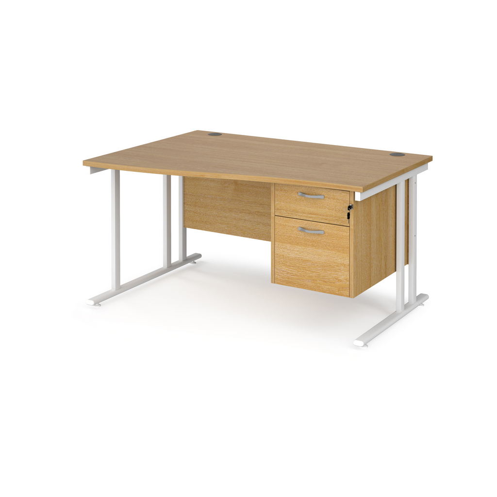 Picture of Maestro 25 left hand wave desk 1400mm wide with 2 drawer pedestal - white cantilever leg frame, oak top