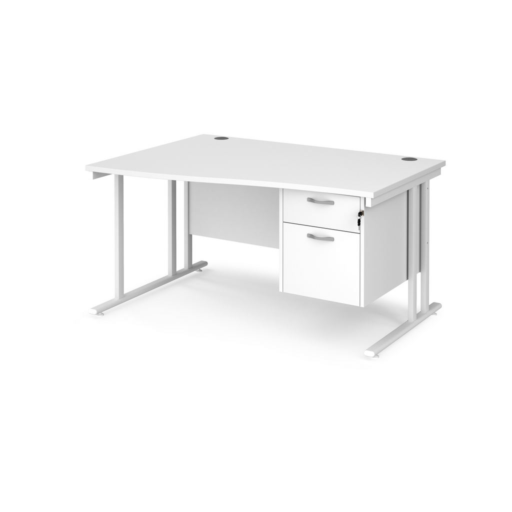 Picture of Maestro 25 left hand wave desk 1400mm wide with 2 drawer pedestal - white cantilever leg frame, white top