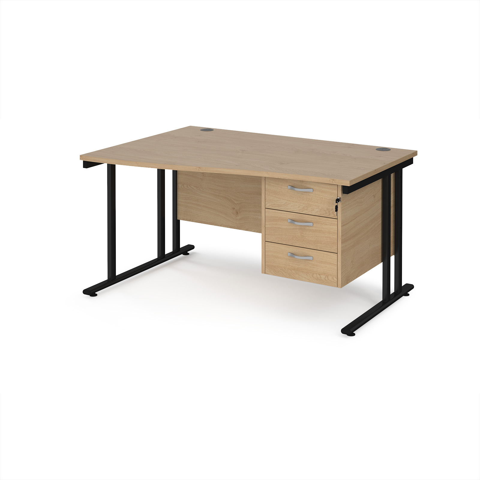 Picture of Maestro 25 left hand wave desk 1400mm wide with 3 drawer pedestal - black cantilever leg frame, Kendal Oak Top