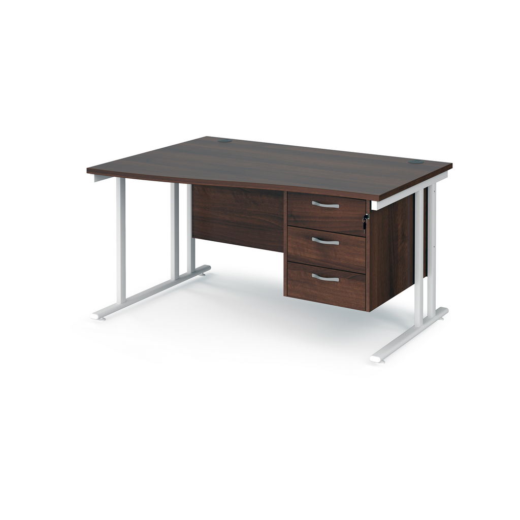 Picture of Maestro 25 left hand wave desk 1400mm wide with 3 drawer pedestal - white cantilever leg frame, walnut top