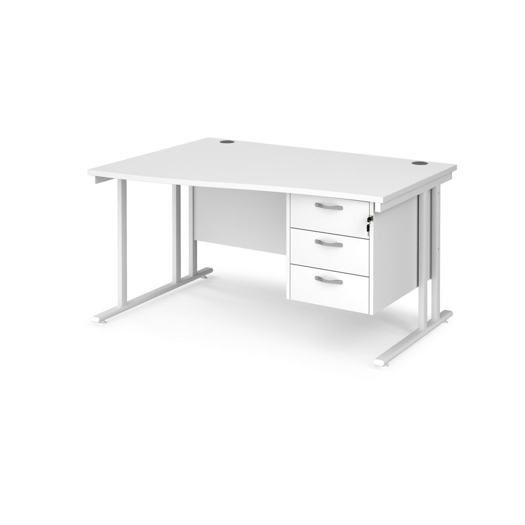 Picture of Maestro 25 left hand wave desk 1400mm wide with 3 drawer pedestal - white cantilever leg frame, white top