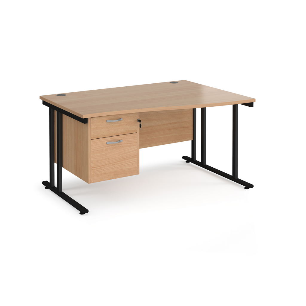 Picture of Maestro 25 right hand wave desk 1400mm wide with 2 drawer pedestal - black cantilever leg frame, beech top