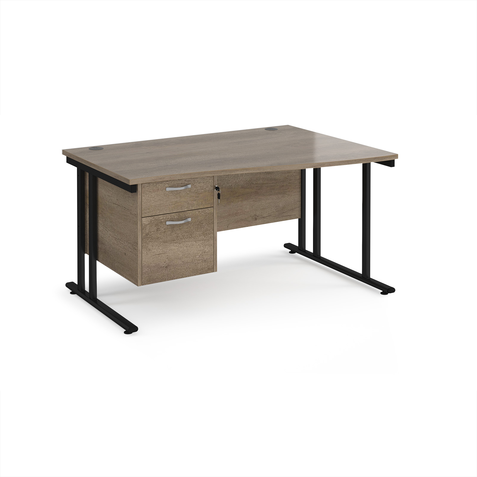 Picture of Maestro 25 right hand wave desk 1400mm wide with 2 drawer pedestal - black cantilever leg frame, Nebraska Oak Top